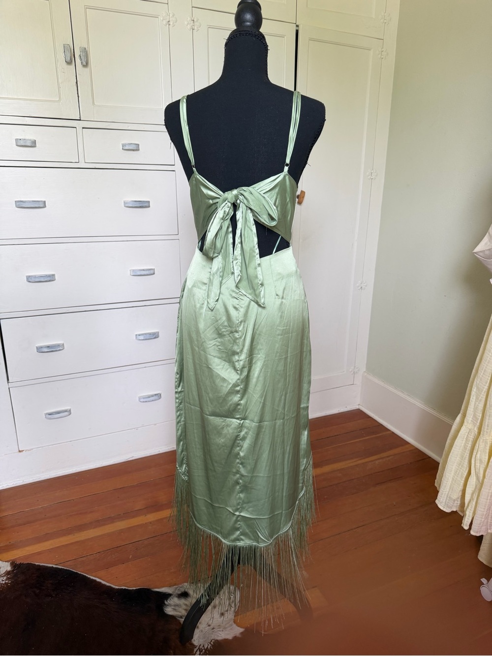 12th Tribe Sage Green Fringe Midi Slip Dress - Picture 2 of 3
